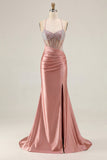 Pink Mermaid Beaded Sheer Corset Ruched Long Prom Dress with Slit