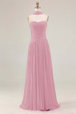 Fuchsia Sweetheart A Line Pleated Long Prom Dress with Sash