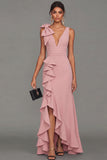 Black Sheath V-Neck Ruffled Long Formal Dress with Slit