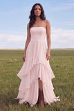 Strapless Ivory A Line Ruffled Boho Wedding Dress with Slit