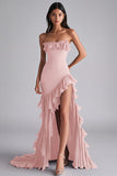 Black Mermaid Strapless Ruffled Formal Dress With Slit