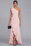 One Shoulder Black Sheath Ruffled Long Formal Dress with Slit