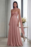 Sky Blue Strapless A Line Pleated Long Formal Dress with Ribbon