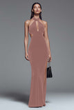 Dark Green Velvet Halter Sheath Long Formal Dress with Slit