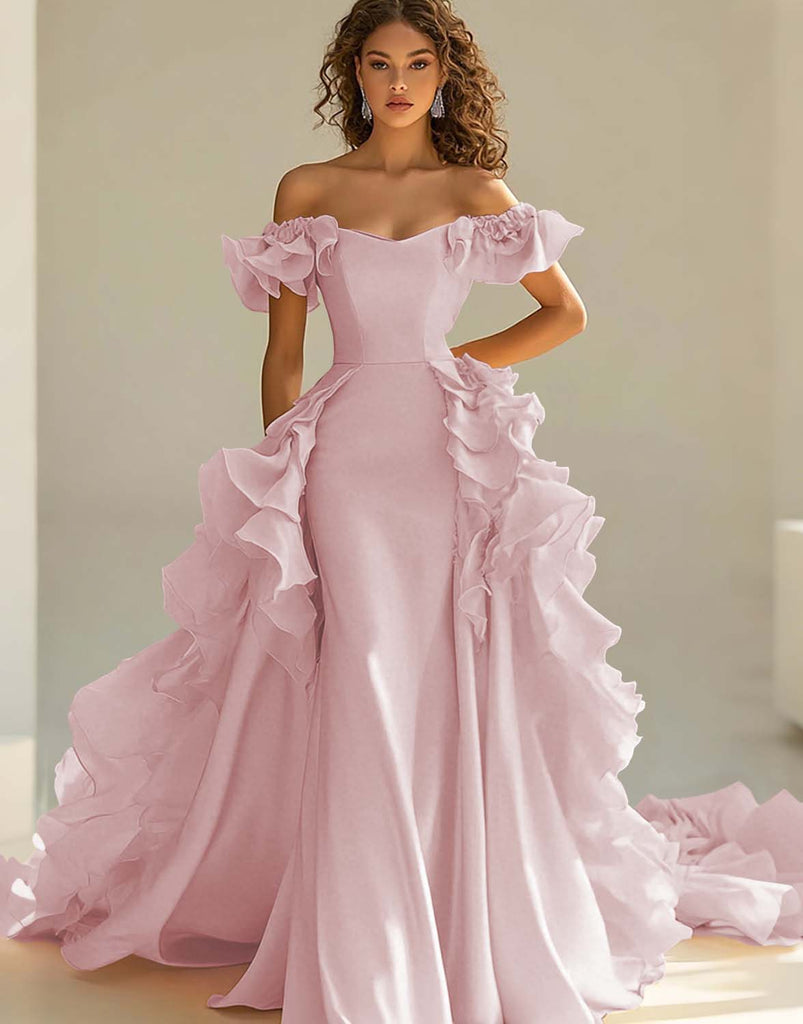 Elegant A-line Cap Sleeve Off-the-shoulder Ruffles Satin Long Prom Dress