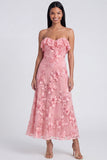 Strapless Light Blue Floral Embroidery A Line Maxi Dress with Ruffles