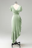 Olive V Neck Satin Sheath Wedding Guest Dress with Ruffles