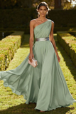 One Shoulder Olive A Line Chiffon Maxi Dress