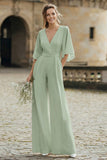 Simple Ivory V-Neck Wedding Jumpsuit with Pocket