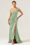 Dark Green Sheath V Neck Ruched High-Low Bridesmaid Dress with Slit