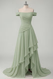 Off the Shoulder Chiffon Butter Yellow A-Line Ruched Maxi Dress with Slit