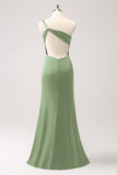 Olive One Shoulder Mermaid Satin Long Bridesmaid Dress