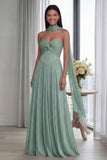 Sky Blue Strapless A Line Pleated Long Formal Dress with Ribbon