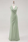 White V Neck Ruched Long Formal Dress