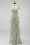 Light Pink Strapless Sheath Ruched Long Prom Dress with Slit