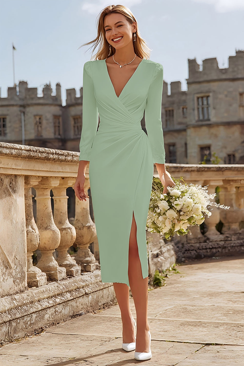 Zapaka Women Ivory Satin Midi Engagement Dress with Slit Bodycon Ruched V Neck Long Sleeve Bridal Dress, Dusty Sage / US10 Zapaka Women Ivory Satin Midi Engagement Dress with Slit Bodycon Ruched V Neck Long Sleeve Bridal Dress, Dusty Sage / US10