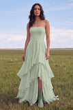 Strapless Ivory A Line Ruffled Boho Wedding Dress with Slit