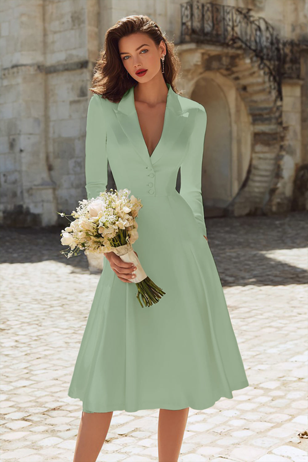 Zapaka Women Ivory Satin Midi Engagement Dress with Long Sleeves Peaked Lapel A Line Bridal Dress, Dusty Sage / US26W Zapaka Women Ivory Satin Midi Engagement Dress with Long Sleeves Peaked Lapel A Line Bridal Dress, Dusty Sage / US26W