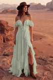 Ivory Off the Shoulder A Line Maxi Beach Wedding Dress with Ruffles