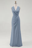 White Sheath V Neck Ruched Long Formal Dress