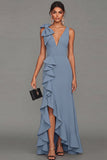 Black Sheath V-Neck Ruffled Long Formal Dress with Slit
