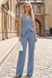 2 Piece V-Neck Sky Blue Sleeveless Women's Work Suits
