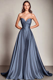 Navy Sweetheart A Line Satin Long Prom Dress