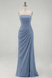 Light Pink Strapless Sheath Ruched Long Prom Dress with Slit
