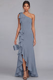 One Shoulder Black Sheath Ruffled Long Formal Dress with Slit