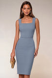 Navy Square Neck Bodycon Midi Work Dress