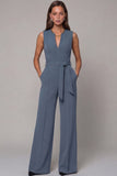Navy V-Neck Sleeveless Formal Jumpsuit with Belt