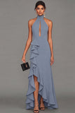 Black Sheath Halter Neck Ruffled Cut Out Long Formal Dress with Slit