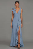 Dark Green Sheath V-Neck Ruffled Ruched Long Formal Dress with Slit