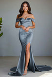 Dusty Sage Mermaid Off the Shoulder Long Prom Dress with Slit