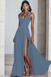 Black A Line Halter Chiffon Long Pleated Formal Dress