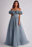 Off the Shoulder A-Line Yellow Long Prom Dress with Ruffles