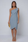 Dark Navy One Shoulder Bodycon Asymmetrical Ruched Midi Work Dress