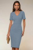 Black Bodycon V-Neck Midi Work Dress with Short Sleeves