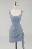 Tulle Ivory Corset Square Neck Ruched Bodycon Mini Graduation Dress with Ruffles