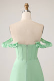 Green A Line Off The Shoulder Corset Bridesmaid Dress With Ruffles