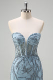 Sparkly Light Blue Mermaid Strapless Corset Long Beaded Prom Dress With Slit