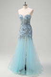 Sparkly Light Blue Mermaid Strapless Corset Long Beaded Prom Dress With Slit
