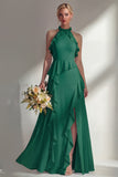 A Line Burgundy Halter Neck Chiffon Long Bridesmaid Dress with Ruffles