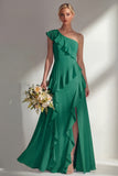 Butter Yellow A Line One Shoulder Chiffon Long Bridesmaid Dress with Ruffles