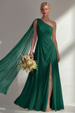 Burgundy A Line One Shoulder Chiffon Long Bridesmaid Dress with Slit
