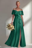 Burgundy A Line Off the Shoulder Long Bridesmaid Dress with Ruffles