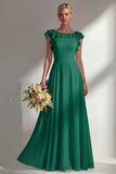 Chiffon Burgundy A Line Bateau Neck Long Bridesmaid Dress with Ruffles