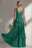 A Line Chiffon Burgundy V-Neck Long Bridesmaid Dress with Ruffles