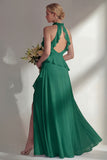 A Line Burgundy Halter Neck Chiffon Long Bridesmaid Dress with Ruffles