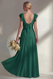 Chiffon Burgundy A Line Bateau Neck Long Bridesmaid Dress with Ruffles